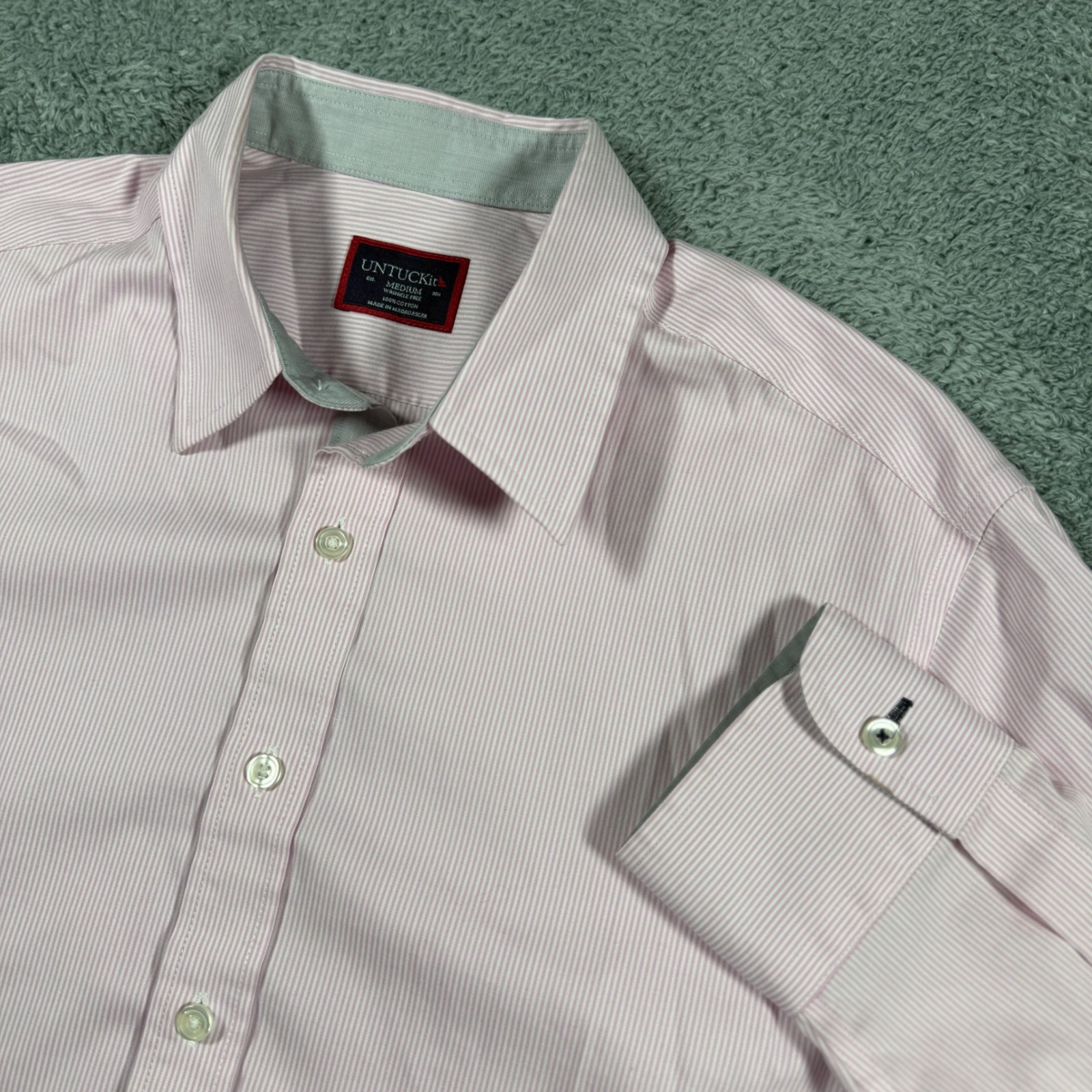 Untuckit Button Shirt Mens Medium Pink Striped Wrinkle Free White